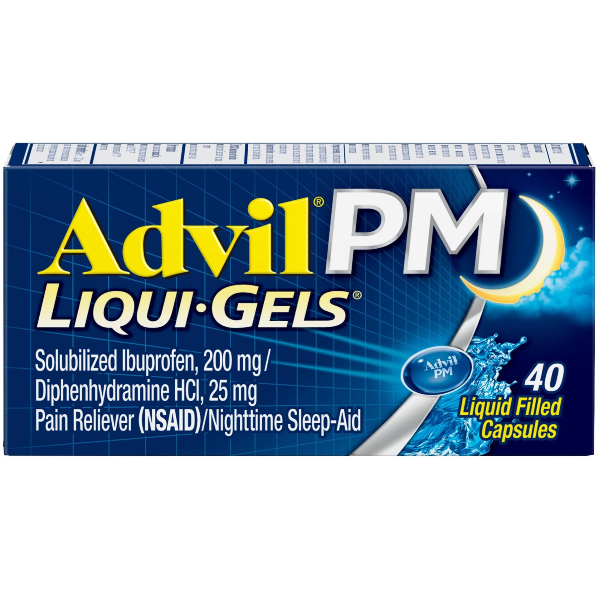 slide 1 of 8, Advil PM Pain And Nighttime Sleep Aid Liqui-Gels - Diphenhydramine HCl/Ibuprofen (NSAID), 40 ct