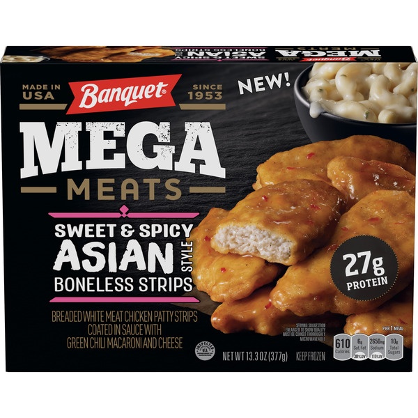 slide 1 of 9, Banquet Mega Meats Sweet and Spicy Asian Style Boneless Chicken Strips Frozen Meal, 13.3 oz., 13.3 oz