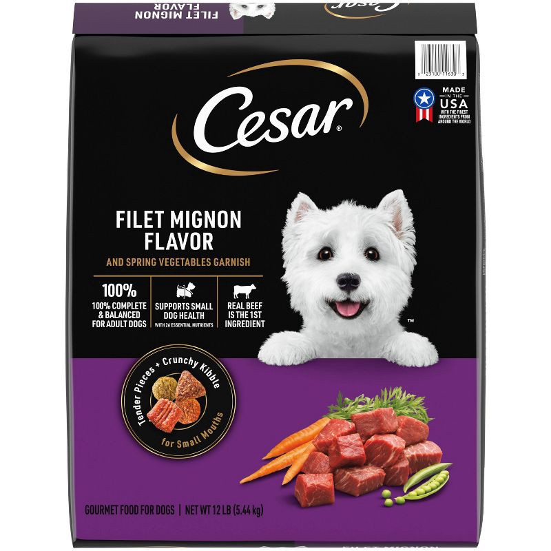 slide 1 of 12, Cesar Filet Mignon Beef Steak Flavor with Spring Vegetables Garnish Adult Dry Dog Food - 12lbs, 12 lb