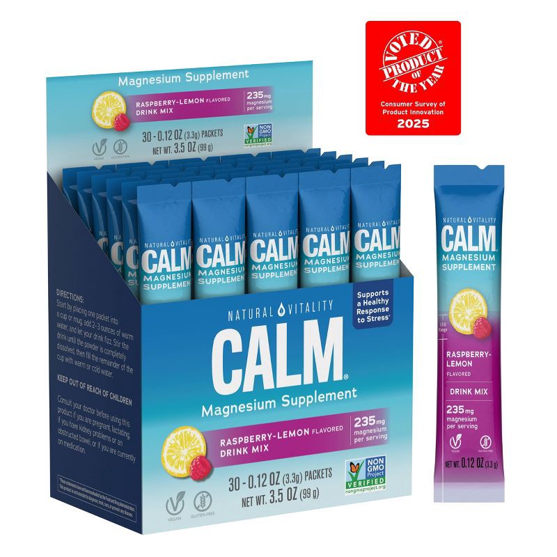 slide 3 of 12, Natural Calm Vitality Anti-Stress Vegan Magnesium Supplement Powder Packets - Raspberry Lemon - 12.96oz/30pk, 12.96 oz, 30 ct