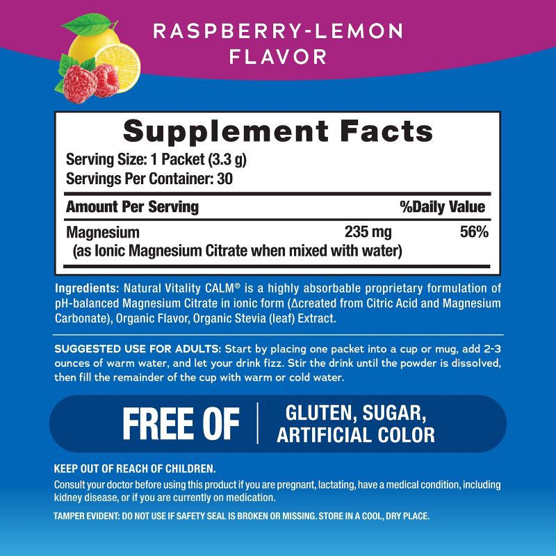 slide 4 of 12, Natural Calm Vitality Anti-Stress Vegan Magnesium Supplement Powder Packets - Raspberry Lemon - 12.96oz/30pk, 12.96 oz, 30 ct