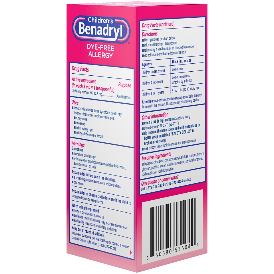 Benadryl Dye-Free Allergy Liquid Medication with Diphenhydramine HCl ...