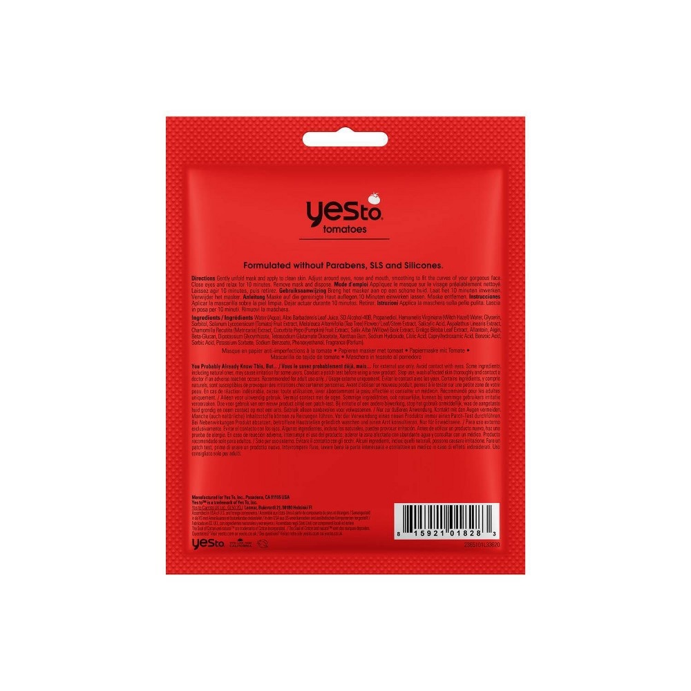 slide 2 of 5, Yes to Tomatoes Acne Fighting Paper Face Mask, 1 ct