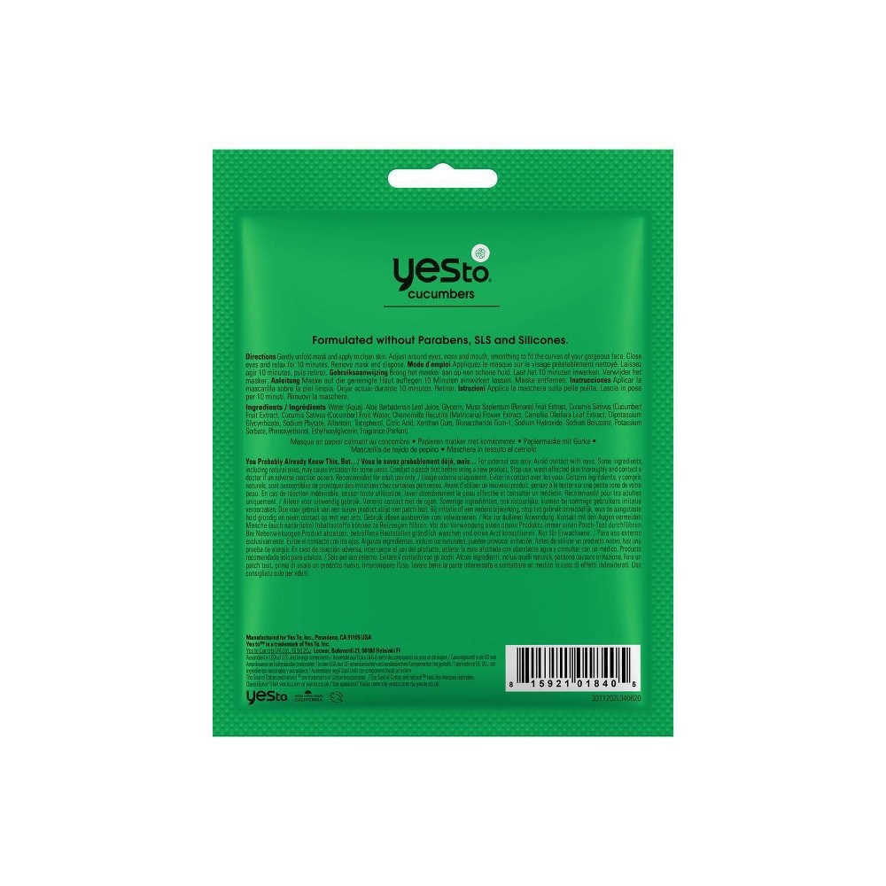 slide 2 of 4, Yes To Cucumbers Calming Paper Face Mask - 1ct/0.67 fl oz, 0.67 fl oz