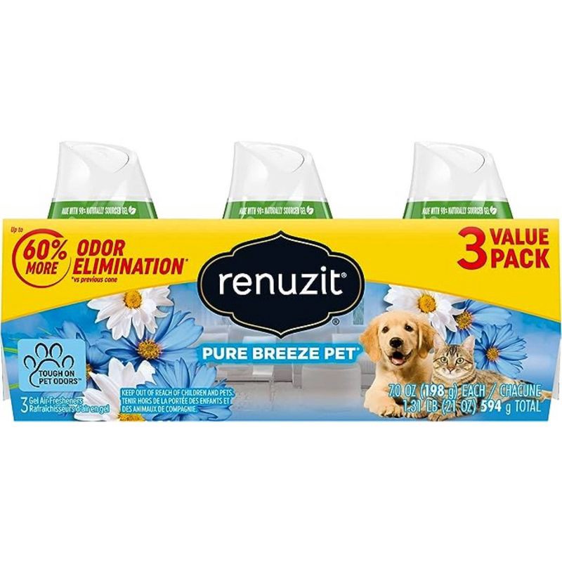 slide 1 of 4, Renuzit Tough on Pet Odors Gel Air Freshener - Pure Breeze - 7oz/3pk, 3 ct; 7 oz