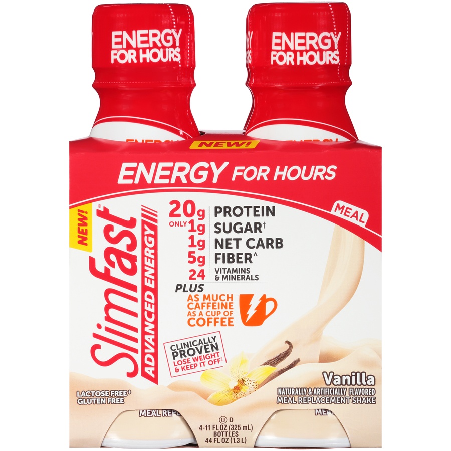 slide 1 of 1, SlimFast Advanced Energy Meal Replacement Shake - Vanilla Bottles - 4 ct; 11 fl oz, 4 ct; 11 fl oz