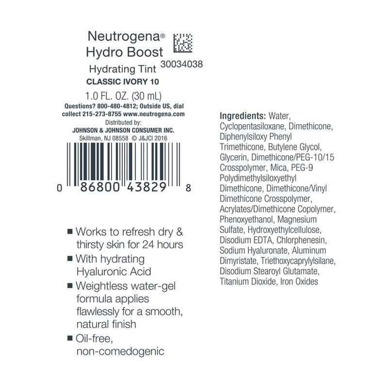 slide 9 of 9, Neutrogena Hydro Boost Hydrating Tint Liquid Foundation with Hyaluronic Acid, Moisturizing & Lightweight Water Gel Formula - 10 Classic Ivory, 1 ct