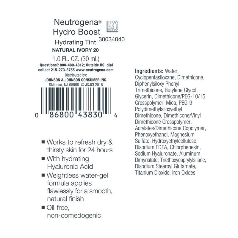 slide 9 of 9, Neutrogena Hydro Boost Hydrating Tint Liquid Foundation with Hyaluronic Acid, Moisturizing & Lightweight Water Gel Formula - 20 Ivory, 1 ct