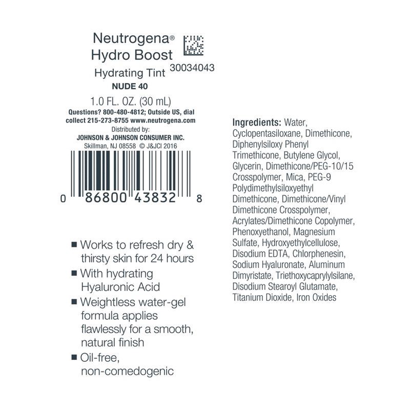 slide 10 of 10, Neutrogena Hydro Boost Hydrating Tint Liquid Foundation with Hyaluronic Acid, Moisturizing & Lightweight Water Gel Formula - 40 Nude, 1 ct
