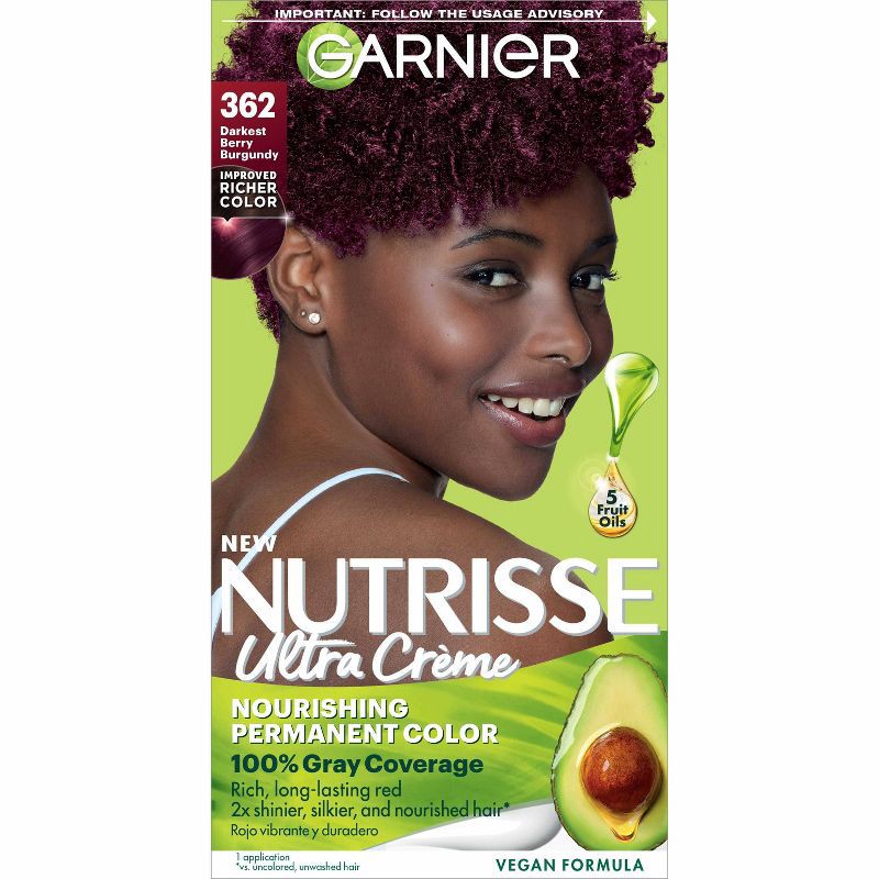 slide 1 of 9, Garnier Nutrisse Nourishing Permanent Hair Color Creme - 362 Darkest Berry Burgundy, 1 ct