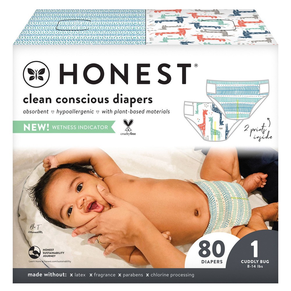 slide 4 of 8, The Honest Company Disposable Diapers Giraffes/Dots & Dashes - Size 1 - 80ct, 80 ct