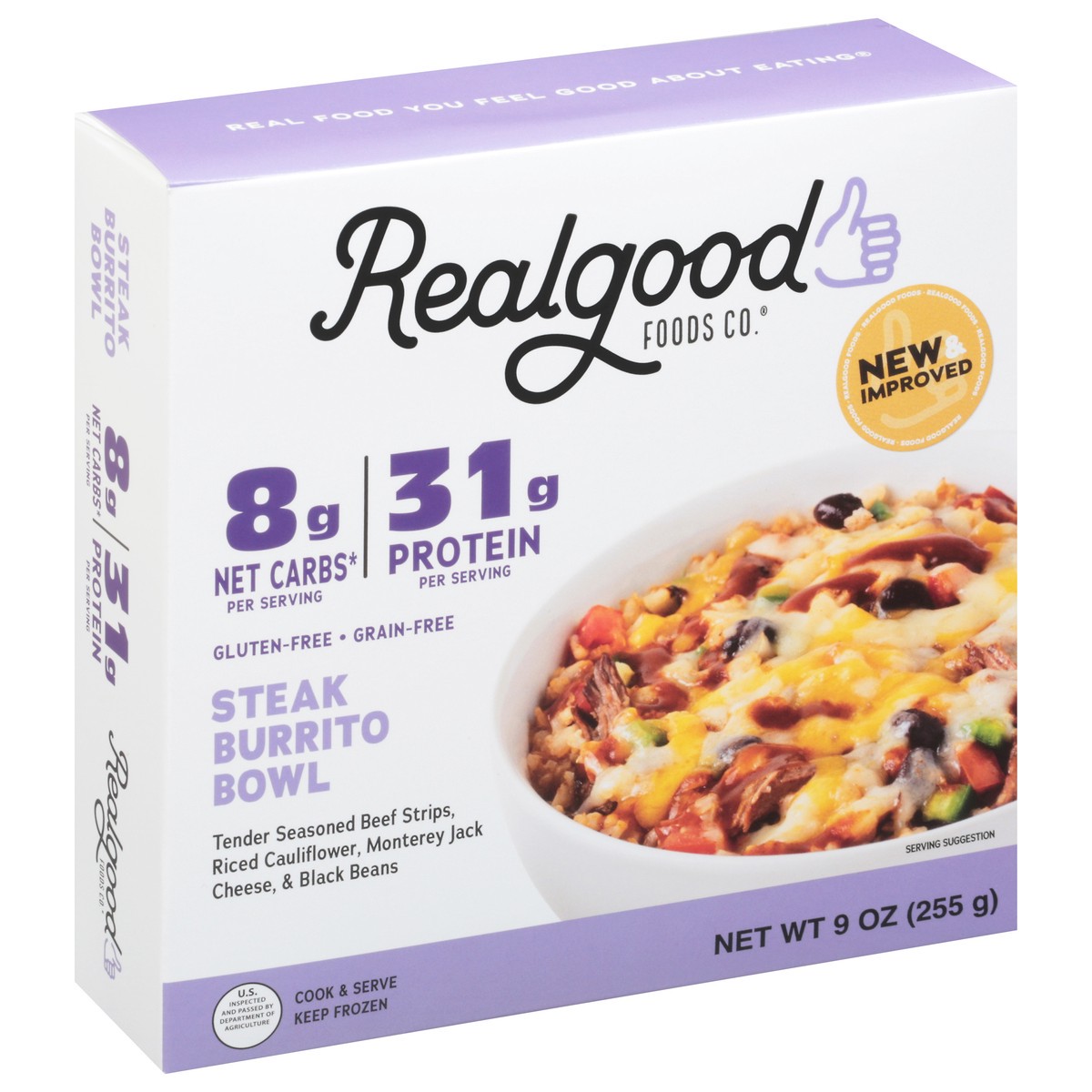 slide 2 of 9, Realgood Real Good Foods Bowl Steak Burrito, 9 oz