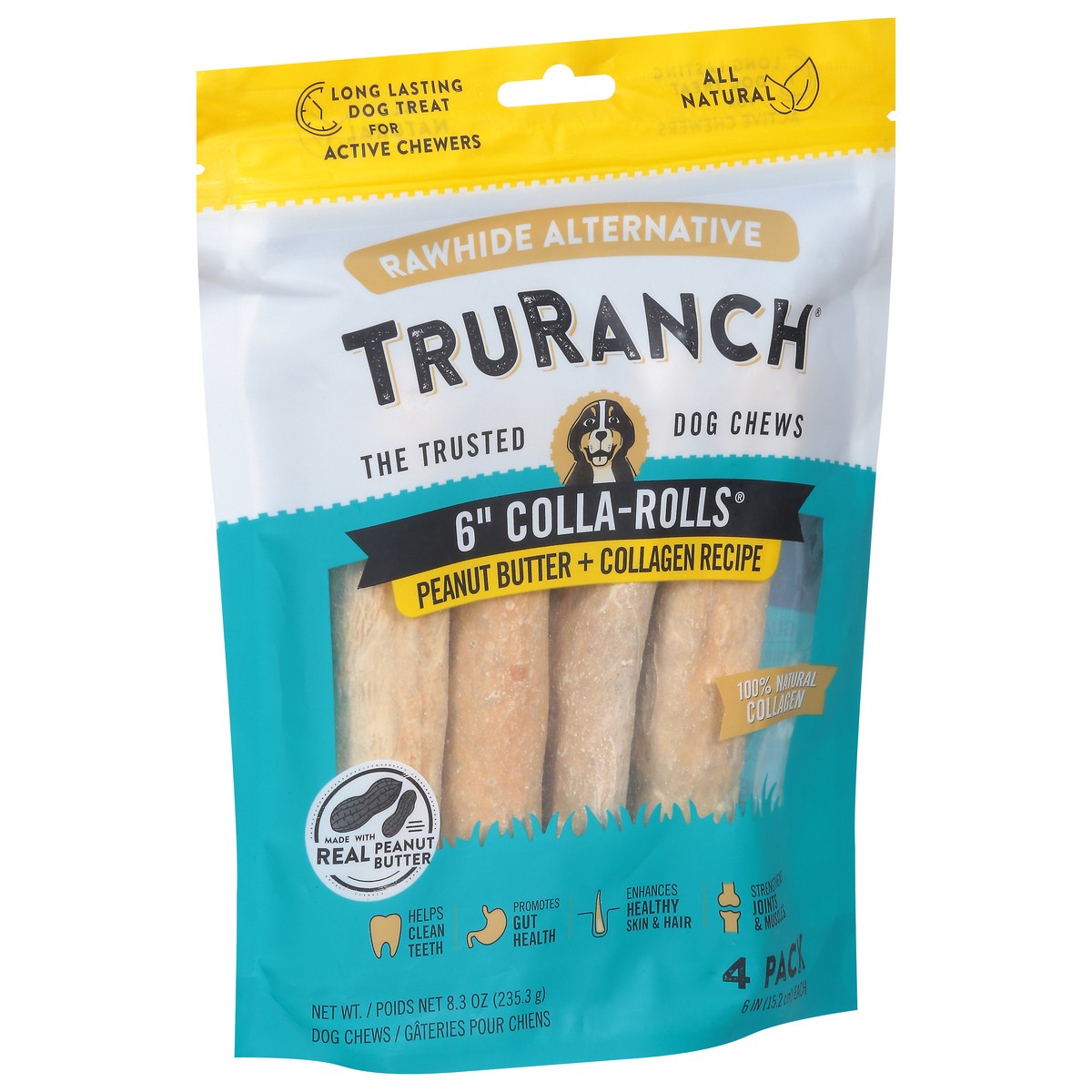 slide 2 of 9, TruRanch 6 Inch Colla-Rolls Peanut Butter + Collagen Recipe Dog Chews 4 Pack, 4 ct