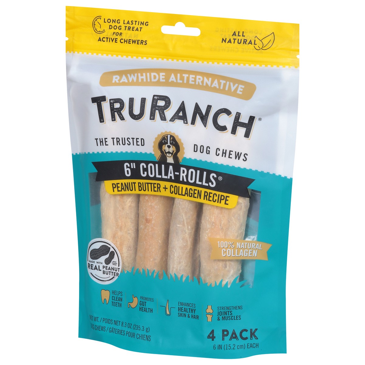 slide 9 of 9, TruRanch 6 Inch Colla-Rolls Peanut Butter + Collagen Recipe Dog Chews 4 Pack, 4 ct