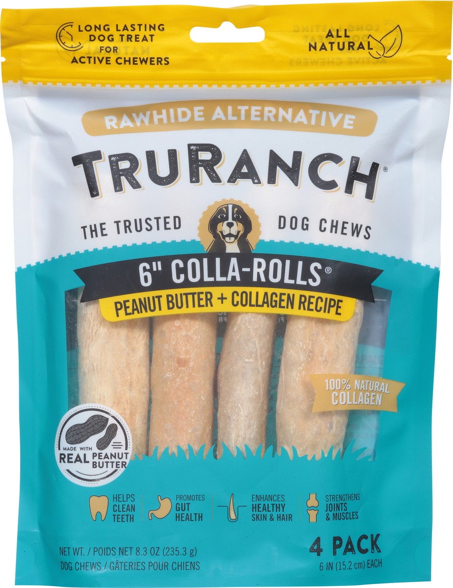 slide 6 of 9, TruRanch 6 Inch Colla-Rolls Peanut Butter + Collagen Recipe Dog Chews 4 Pack, 4 ct