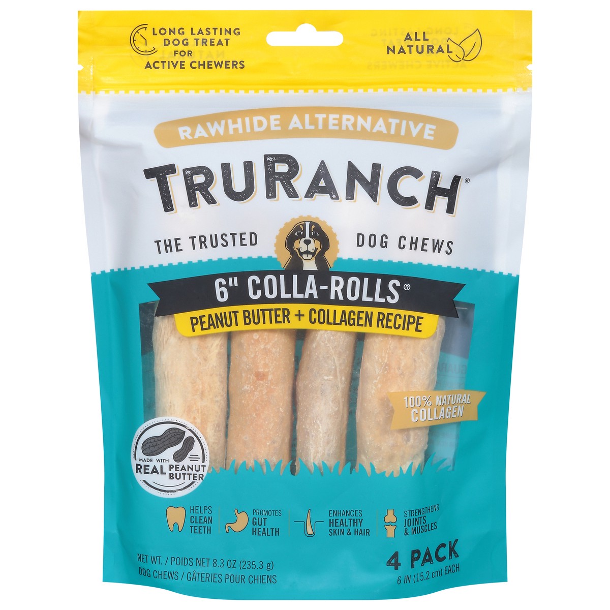 slide 1 of 9, TruRanch 6 Inch Colla-Rolls Peanut Butter + Collagen Recipe Dog Chews 4 Pack, 4 ct