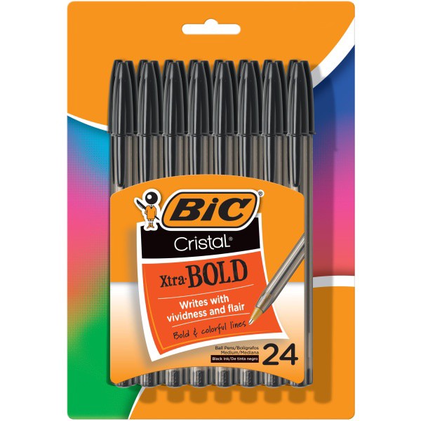 slide 1 of 4, BIC Cristal Xtra Bold Stic Ballpoint Pens, 1.6 Mm, Clear Black Barrel, Black Ink, Pack Of 24 Pens, 24 ct