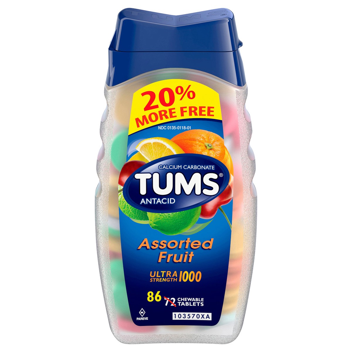 slide 1 of 5, TUMS Ultra Strength Chewable Antacid Tablets for Heartburn Relief, Assorted Fruit - 86 Count, 72 ct