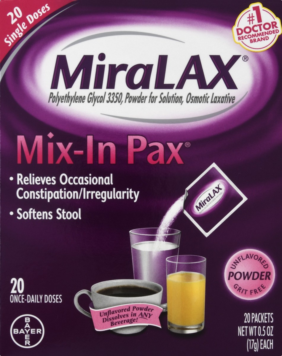 slide 1 of 6, Miralax Laxative Mix-In Pax Gentle Constipation Relief Sugar Free Powder, 20 ct