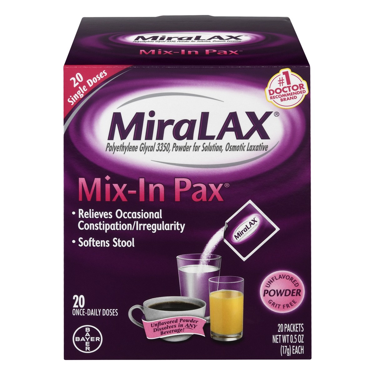 slide 1 of 6, Miralax Laxative Mix-In Pax Gentle Constipation Relief Sugar Free Powder, 20 ct