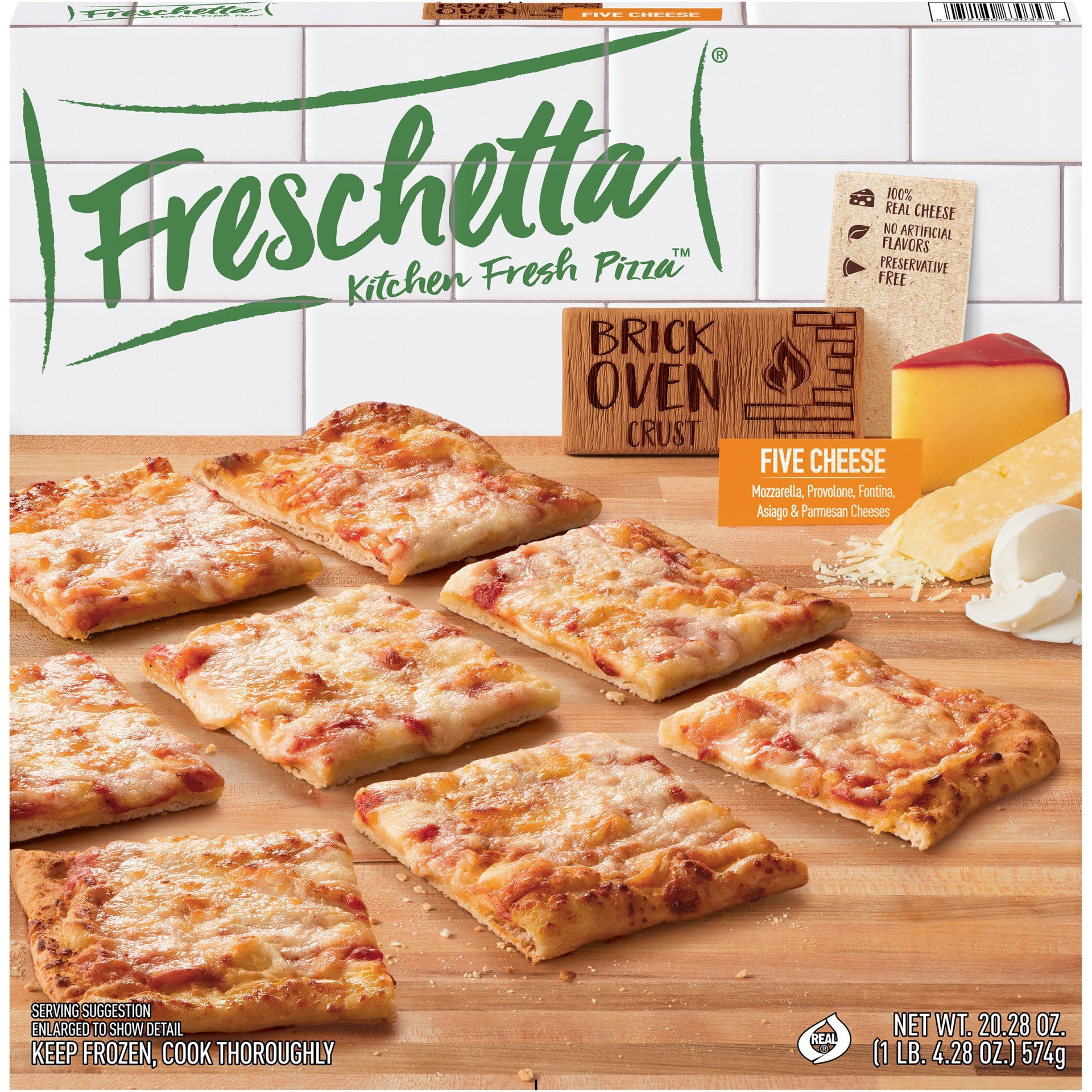slide 1 of 9, Freschetta Brick Oven Five Cheese Pizza, 20.28 oz