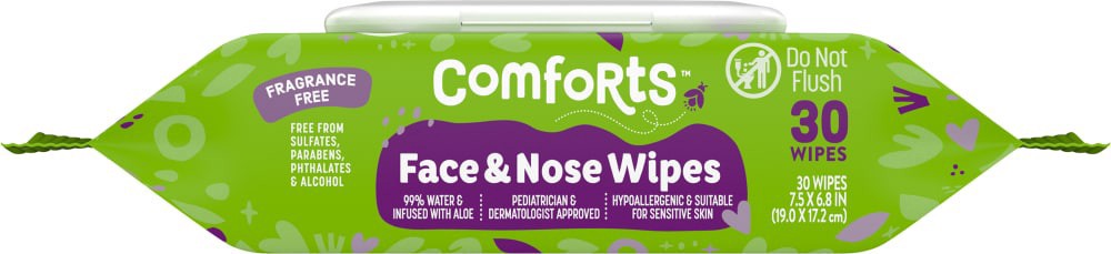 slide 3 of 5, Comforts Fragrance Free Face & Nose Wipes, 30 ct