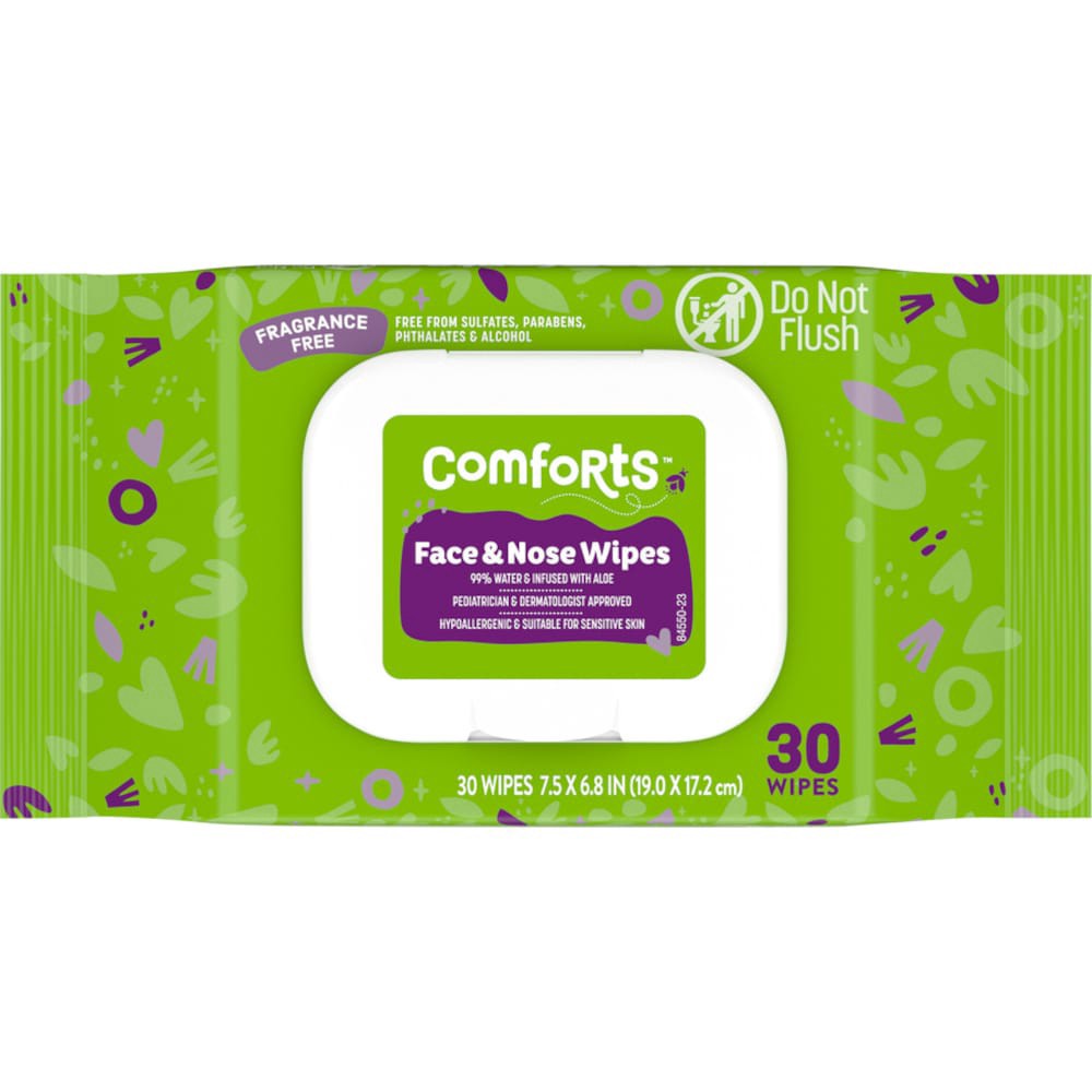 slide 1 of 5, Comforts Fragrance Free Face & Nose Wipes, 30 ct