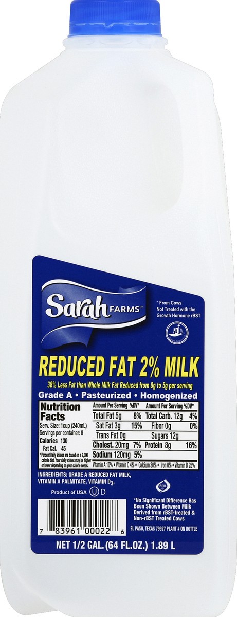slide 5 of 6, Sarah Farms Milk 0.5 gl, 1/2 gal