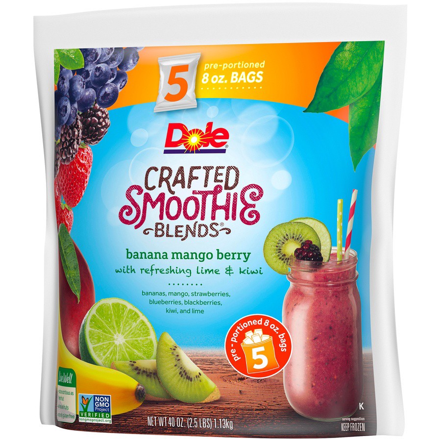 slide 9 of 18, Dole Smoothies, Crafted, Banana Mango Berry Break, 5 ct