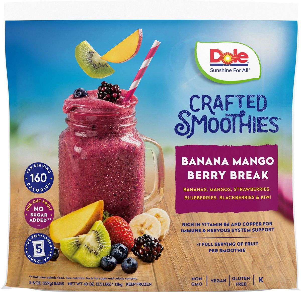slide 8 of 18, Dole Smoothies, Crafted, Banana Mango Berry Break, 5 ct
