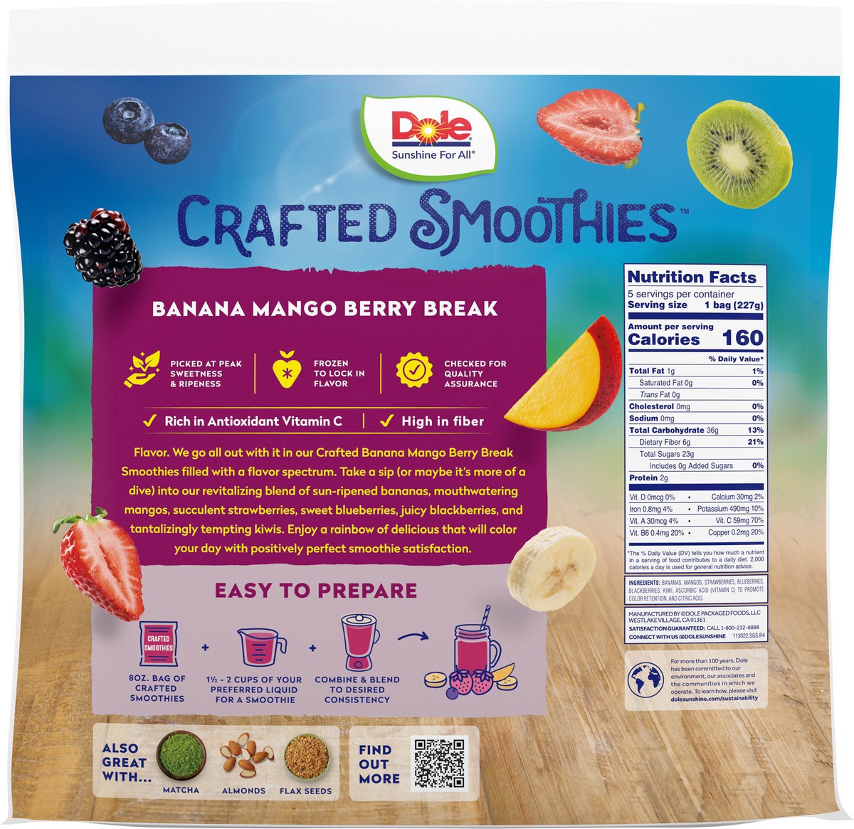 slide 11 of 18, Dole Smoothies, Crafted, Banana Mango Berry Break, 5 ct