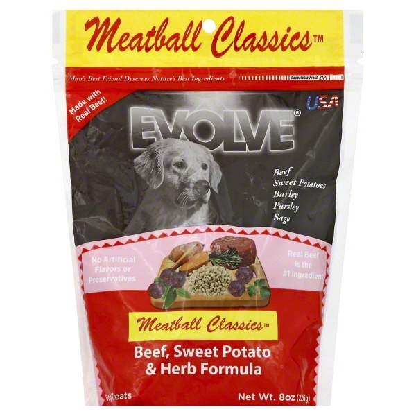 slide 1 of 1, Evolve Dog Treat Meatball Beef Sweet Potato, 8 oz