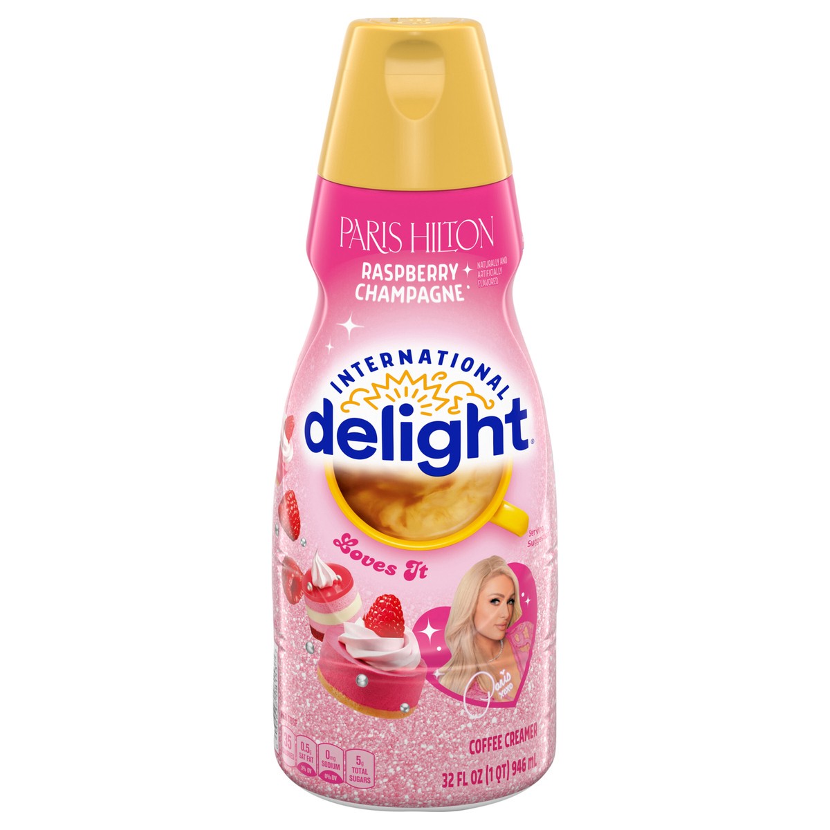 slide 1 of 4, International Delight Coffee Creamer, Paris Hilton Raspberry Champagne, Refrigerated Flavored Creamer, 32 fl oz Bottle, 32 fl oz