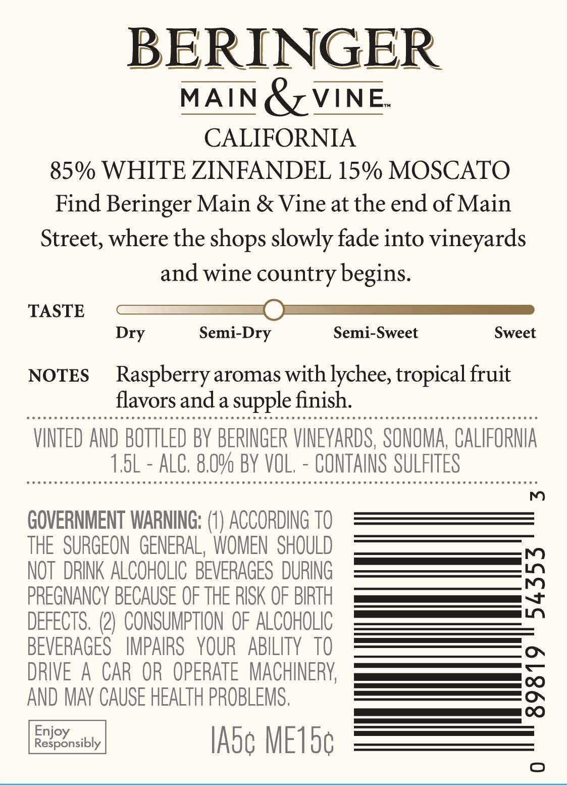 slide 3 of 4, Beringer Main & Vine™ White Zinfandel Moscato Pink  Wine - 1.5 Liter, California, 1.50 liter