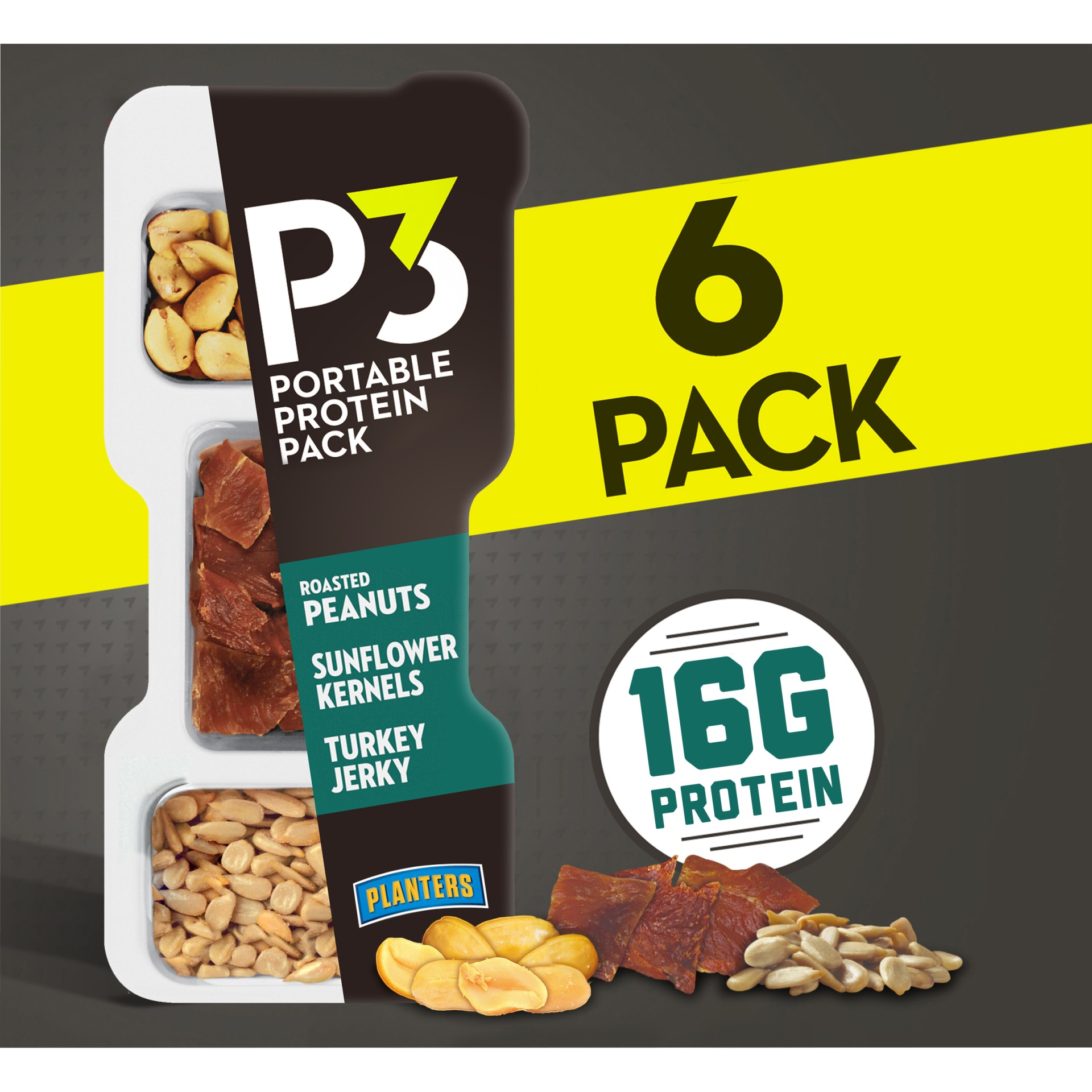 slide 1 of 4, P3 Portable Protein Snack Pack with Roasted Peanuts, Sunflower Kernels & Turkey Jerky Trays, 6 ct