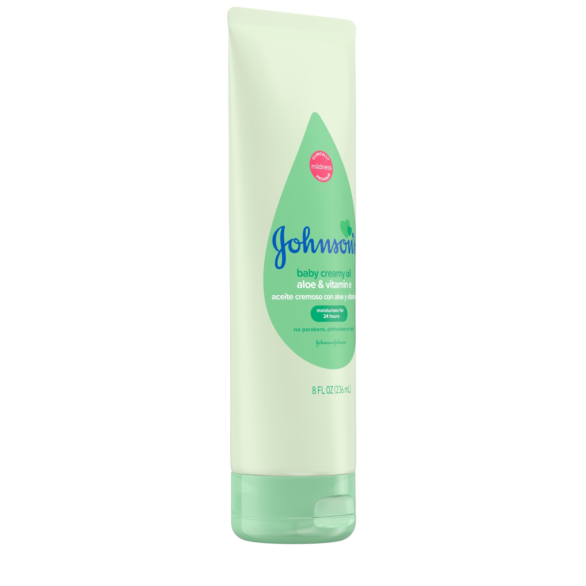 slide 7 of 7, Johnson's Creamy Oil with Aloe & Vitamin E for Delicate Skin, Non-Greasy Moisturizing Baby Body Lotion for Soft Skin, Hypoallergenic & Free of Parabens, Phthalates, & Dyes, 8 Fl. Oz, 8 fl oz; 236 ml