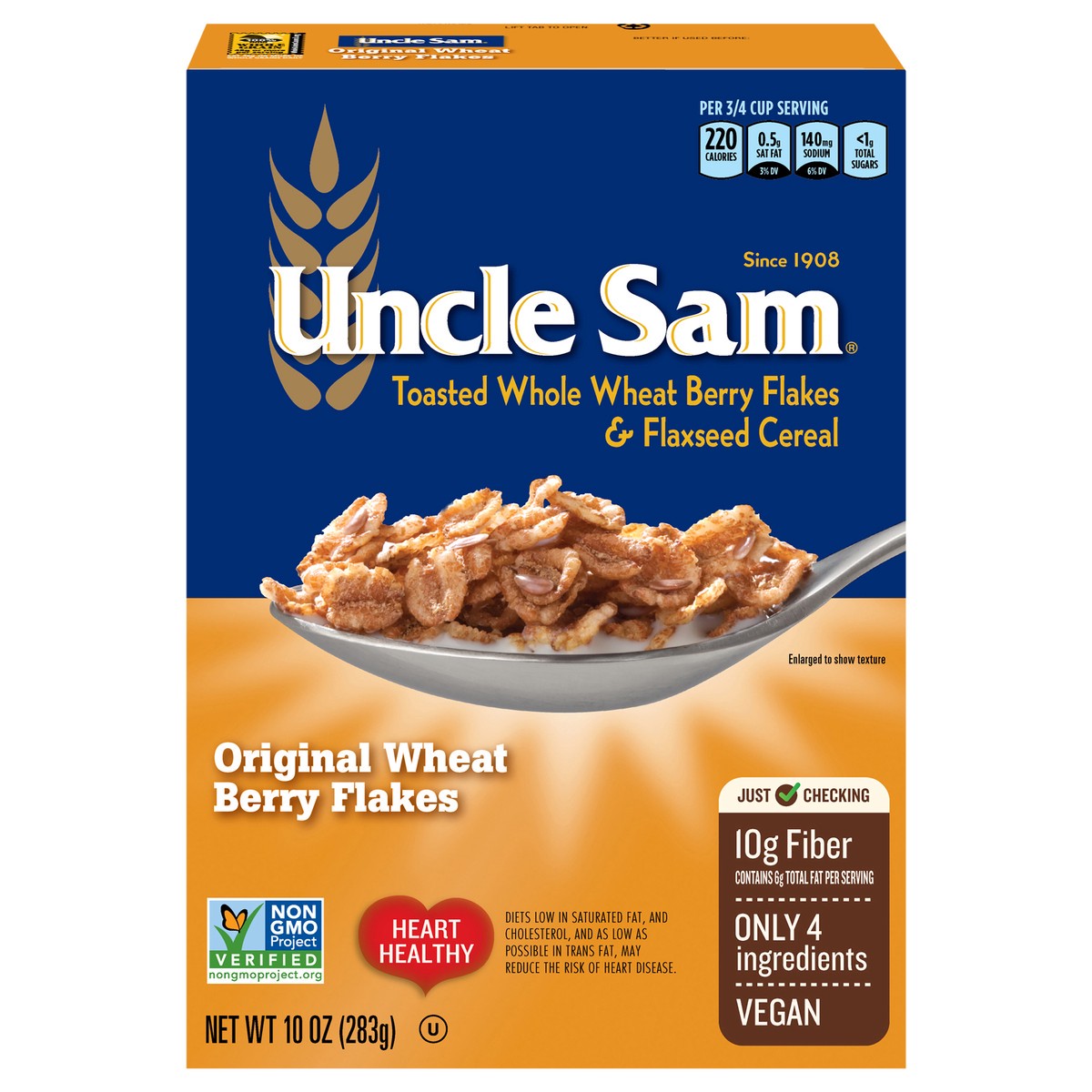 slide 3 of 14, Uncle Sam Original Wheat Berry Flakes Cereal, High Fiber, Whole Grain, Regular, Kosher, Heart Healthy, Vegan, 10 ounce Box, 10 oz