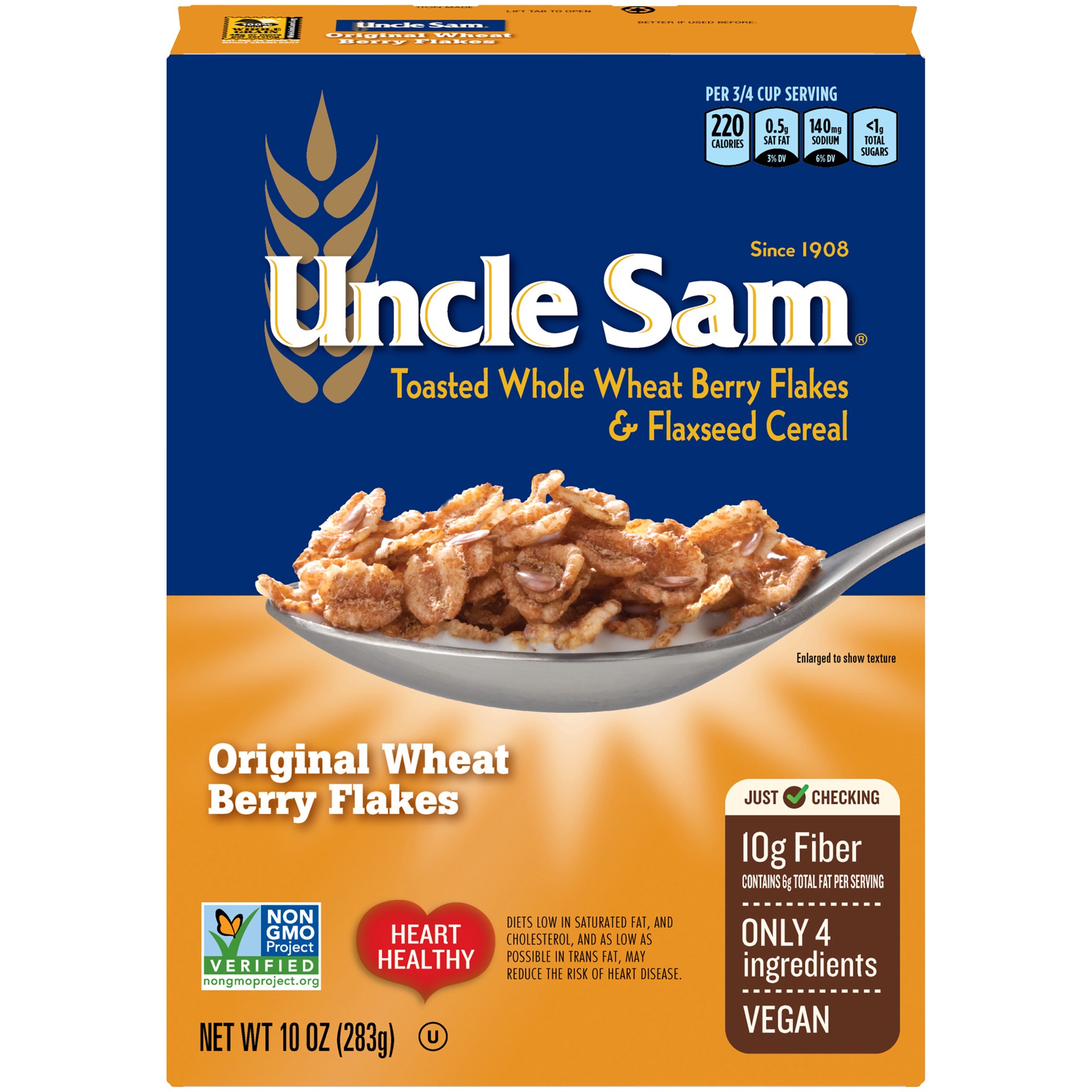 slide 1 of 14, Uncle Sam Original Wheat Berry Flakes Cereal, High Fiber, Whole Grain, Regular, Kosher, Heart Healthy, Vegan, 10 ounce Box, 10 oz