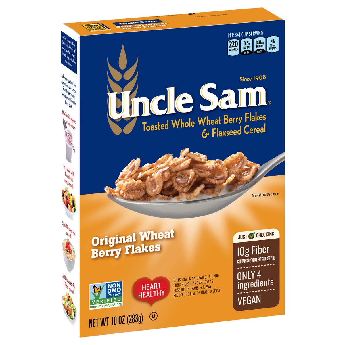 slide 10 of 14, Uncle Sam Original Wheat Berry Flakes Cereal, High Fiber, Whole Grain, Regular, Kosher, Heart Healthy, Vegan, 10 ounce Box, 10 oz
