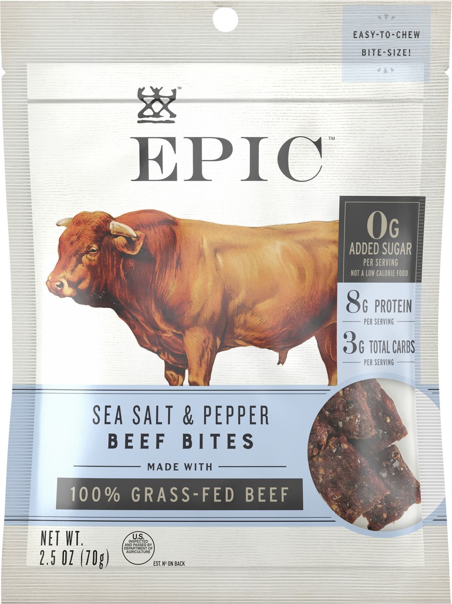slide 12 of 13, EPIC Beef Sea Salt Pepper Bites, Jerky, Keto Friendly, Whole30, 2.5 oz Pouch, 2.5 oz