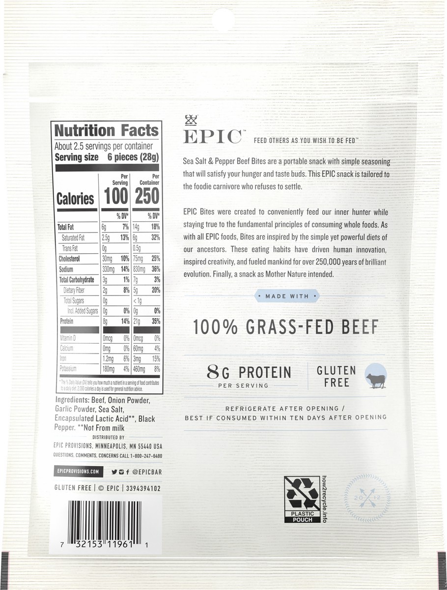 slide 11 of 13, EPIC Beef Sea Salt Pepper Bites, Jerky, Keto Friendly, Whole30, 2.5 oz Pouch, 2.5 oz