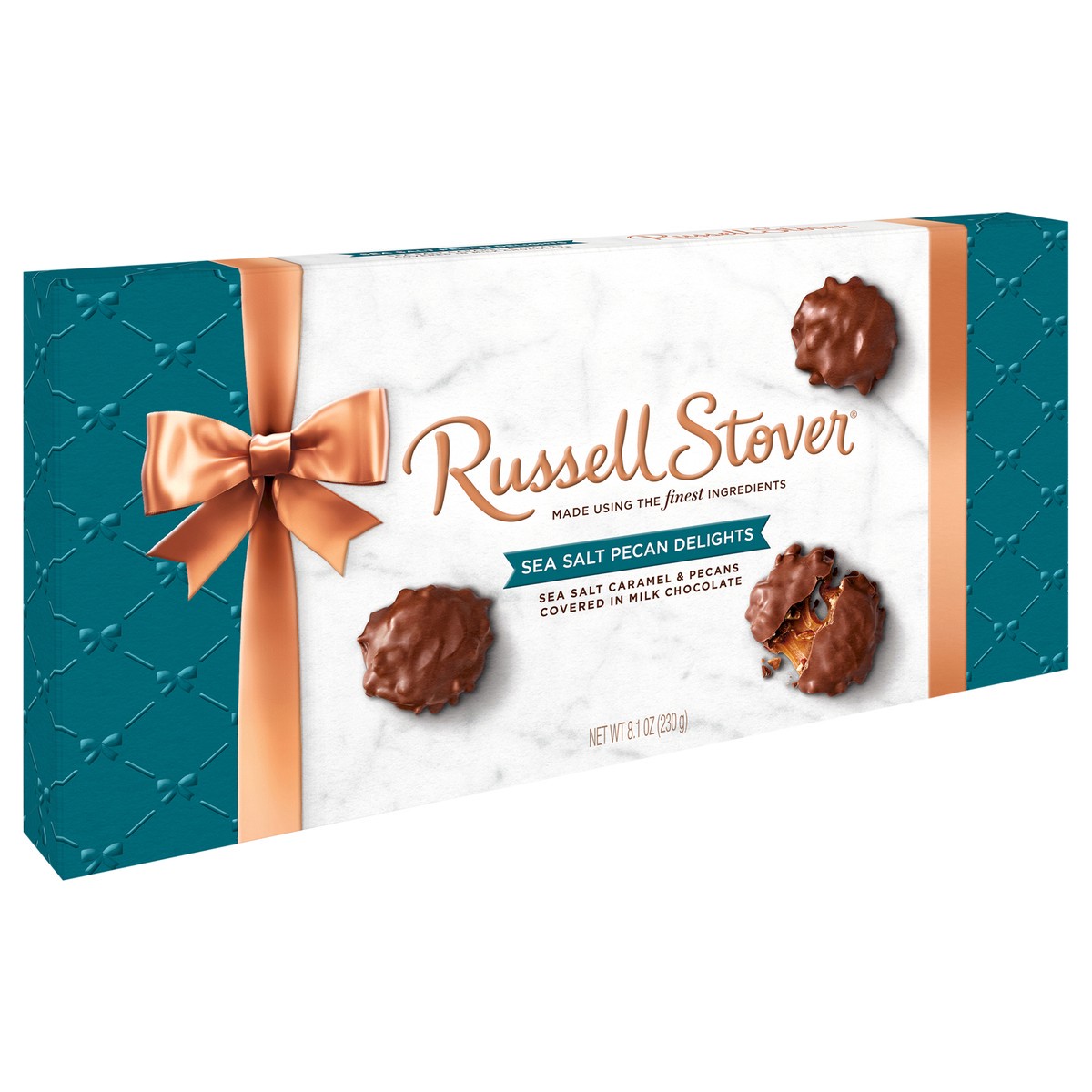 slide 3 of 8, RUSSELL STOVER Sea Salt Pecan Delights Milk Chocolate Gift Box, 8.1 oz. (˜ 9 pieces), 9 ct