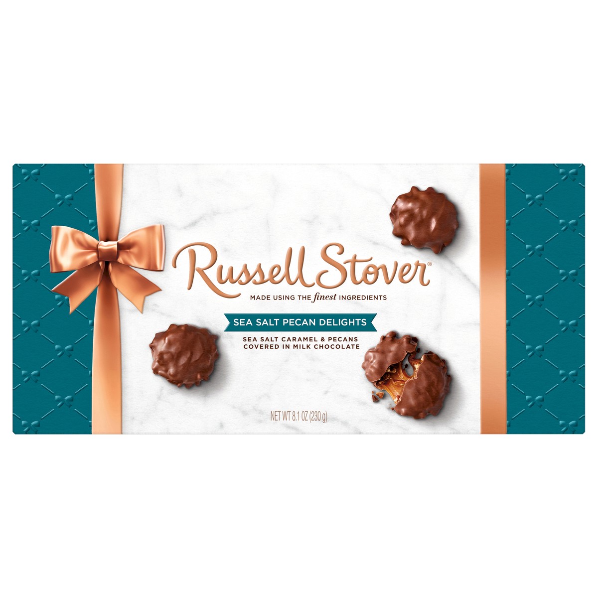 slide 1 of 8, RUSSELL STOVER Sea Salt Pecan Delights Milk Chocolate Gift Box, 8.1 oz. (˜ 9 pieces), 9 ct