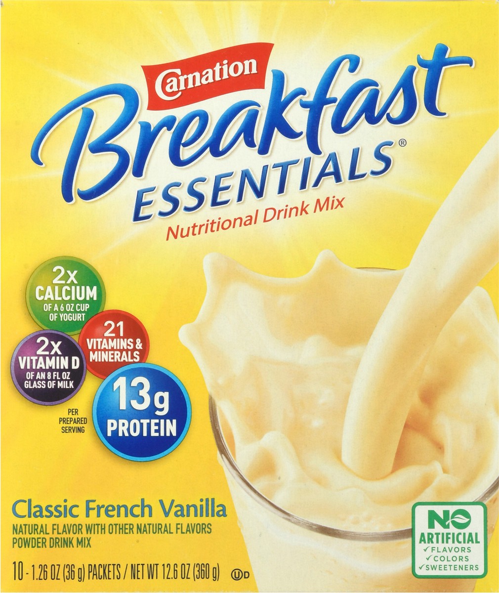 slide 1 of 9, Carnation Breakfast Essentials Classic French Vanilla Nutritional Drink Mix 10-1.26 oz Packets, 10 ct