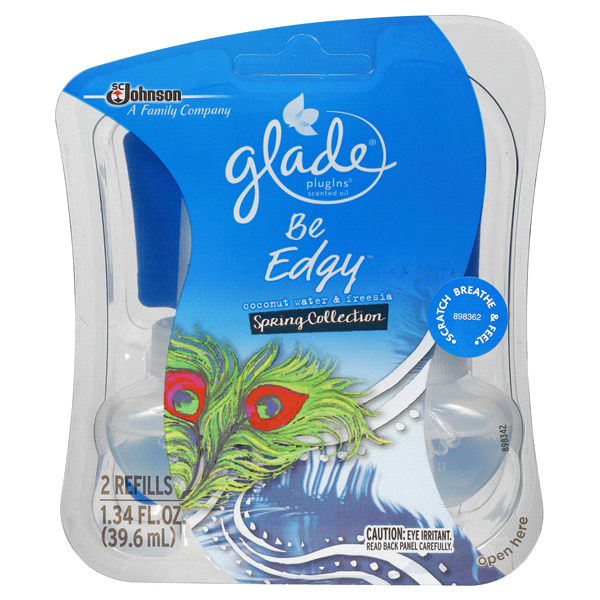 slide 1 of 1, Glade Be Edgy Plugins Scented Oil Refill Coconut Water Freesia, 2 ct
