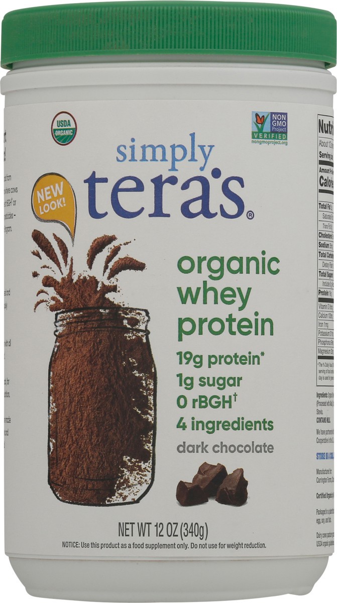 slide 9 of 12, simply tera's Organic Dark Chocolate Whey Protein 12 oz, 12 oz