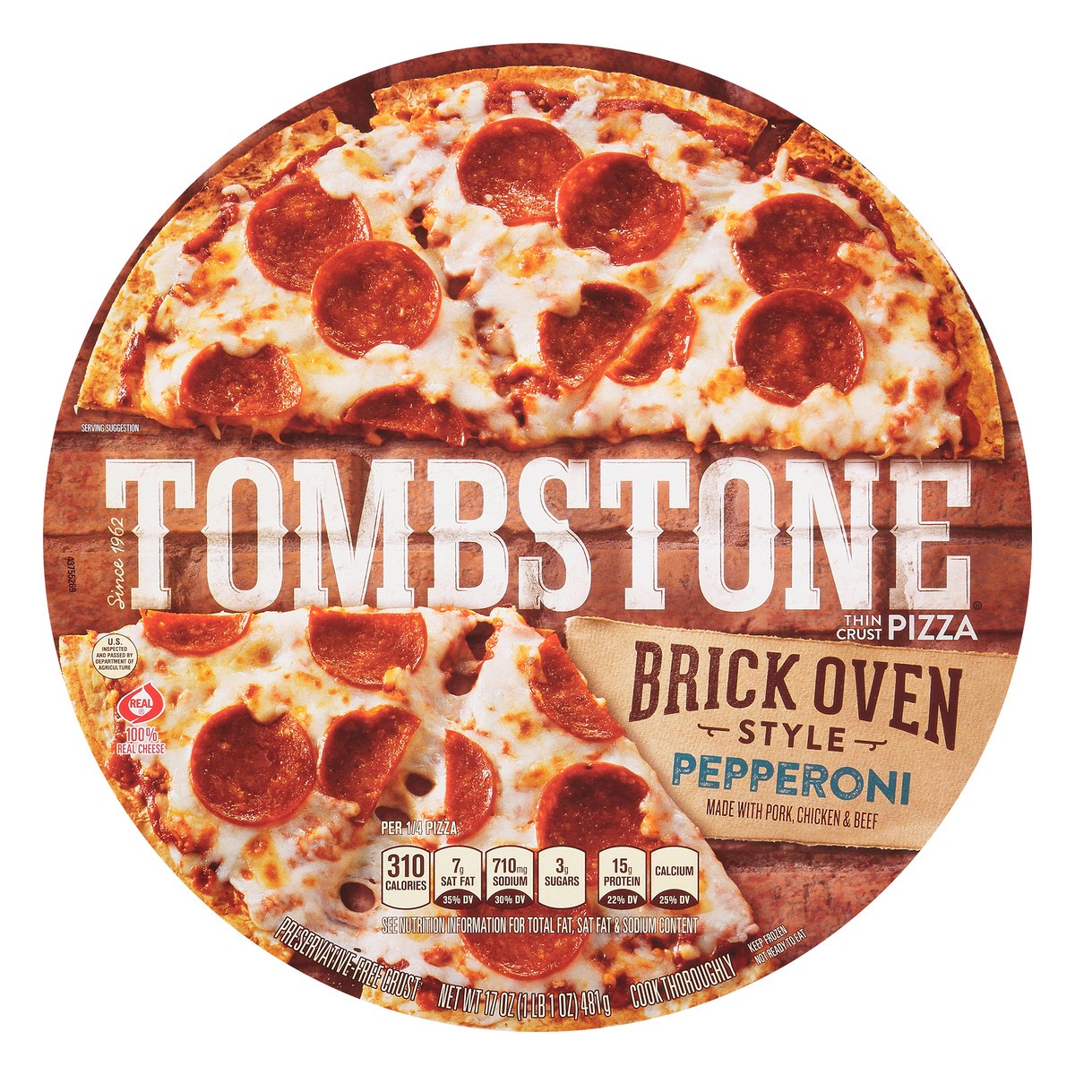 slide 1 of 8, Tombstone Brick Oven Style Thin Crust Pepperoni Pizza, 17 oz