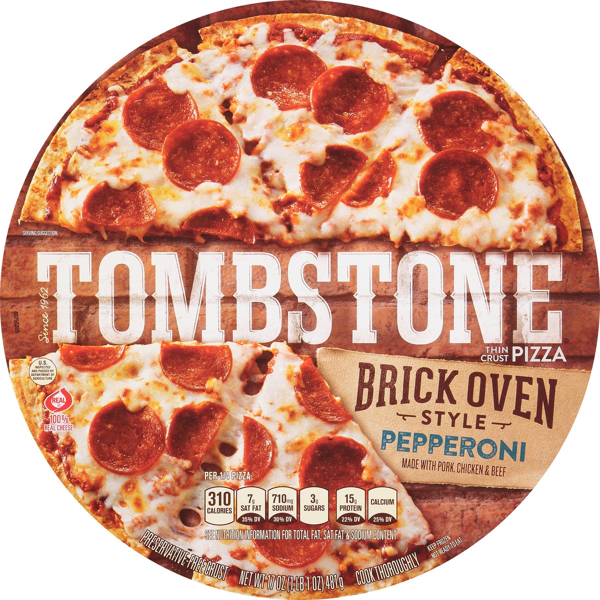 slide 5 of 8, Tombstone Brick Oven Style Thin Crust Pepperoni Pizza, 17 oz