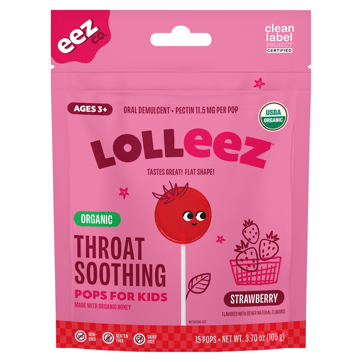 slide 2 of 2, Lolleez Organic Throat Soothing Pops for Kids, Strawberry, 15ct, 15 ct