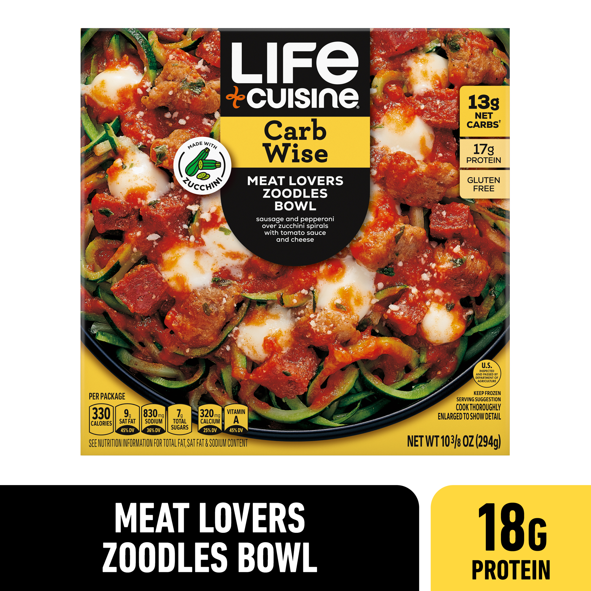 slide 1 of 8, Life Cuisine Frozen Meal Meat Lovers Zoodles Bowl, Carb Wise Microwave Meal, Carb Conscious Frozen Dinner for One, 10.38 oz